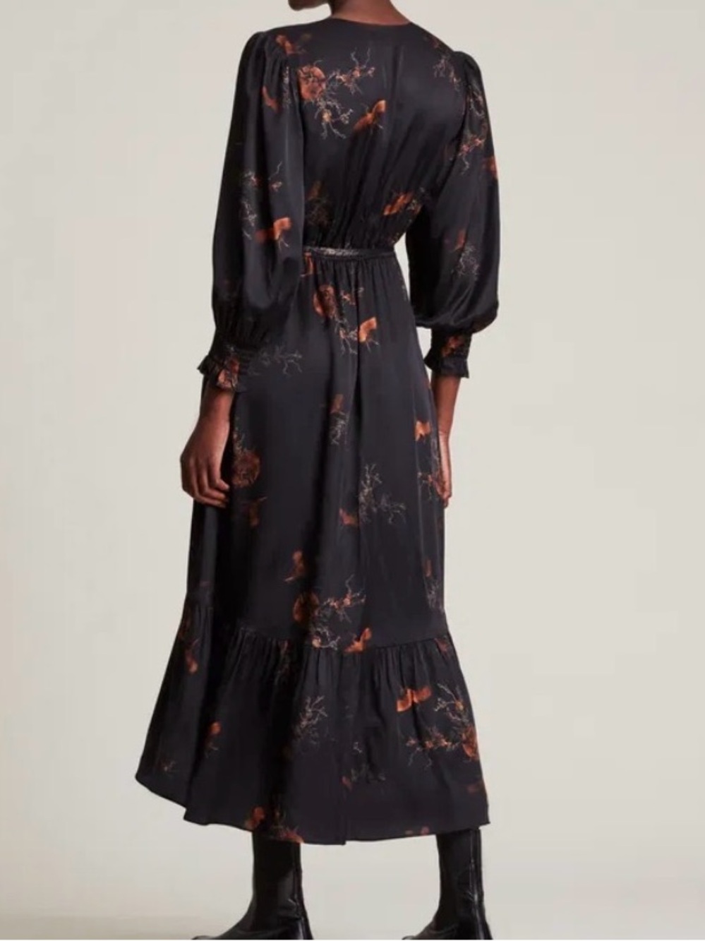 ALL SAINTS ADELAIDE AURORA BLACK WRAP MIDI DRESS BROWN BIRD BRANCHES PRINT SZ 4 - Picture 2 of 9